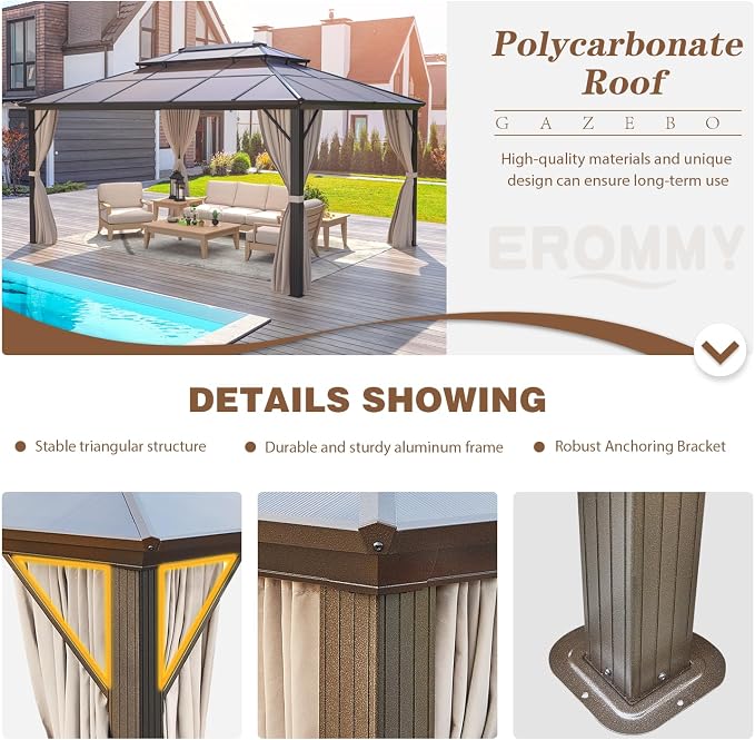 EROMMY 12'x16' Gazebo Polycarbonate Double Roof Pavilion Gazebo Outdoor - Image 5