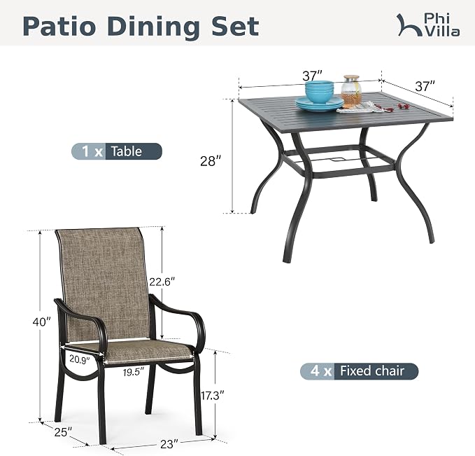 PHI VILLA Patio Dining Set for 4 Person, Square Metal Slat Table - Image 8