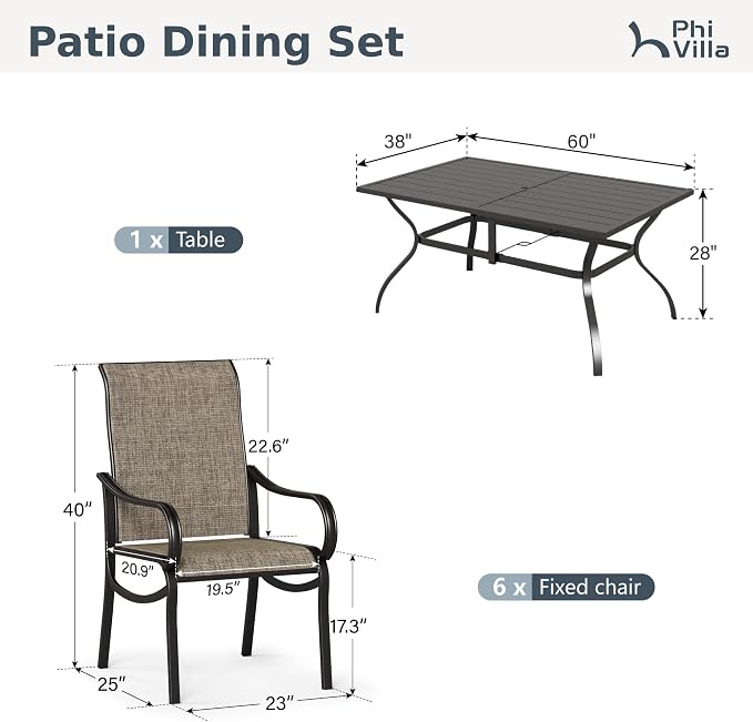 PHI VILLA Patio Dining Set for 6 Person, Rectangle Metal Table - Image 9