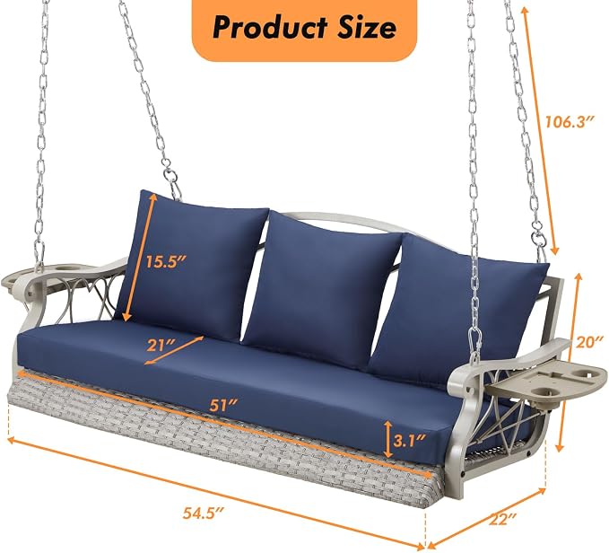 Heavy Duty 900 LBS Porch Swing Chair 3-Person Outdoor Rattan Patio Swing Lounge - Image 6