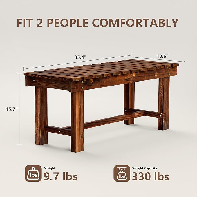 35.5" Outdoor Garden Bench, Weatherproof Patio Benches 2-Person Seat Backless - Image 2