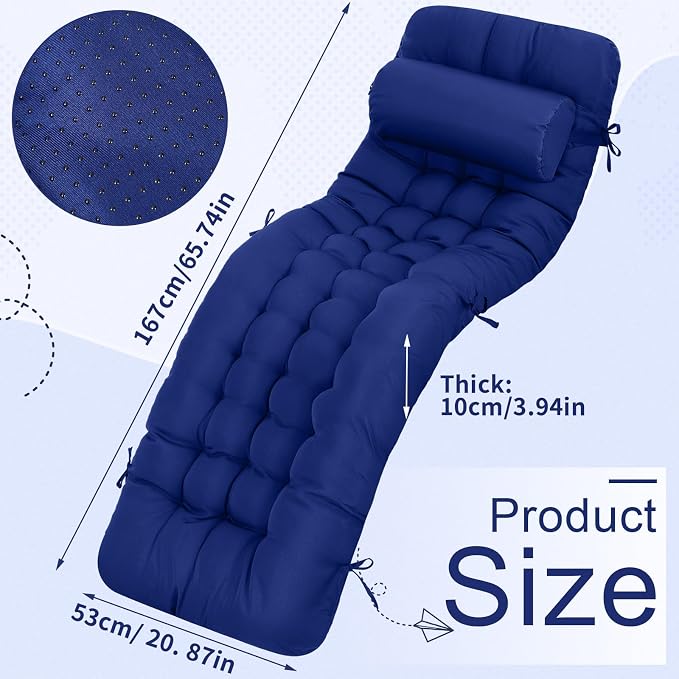 Tudomro 2 Pcs Blue 66'' Outdoor Chaise Lounge Cushion Waterproof Patio Lawn - Image 2