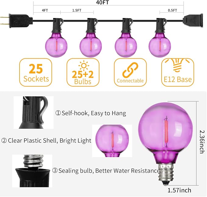 40FT LED Outdoor String Lights Waterproof, G40 LED Globe Outdoor Lights - Image 5