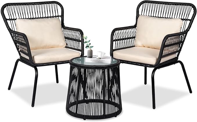3 Piece Outdoor Wicker Furniture Bistro Set, Rattan Chairs Conversation Sets by HOMEZILLIONS