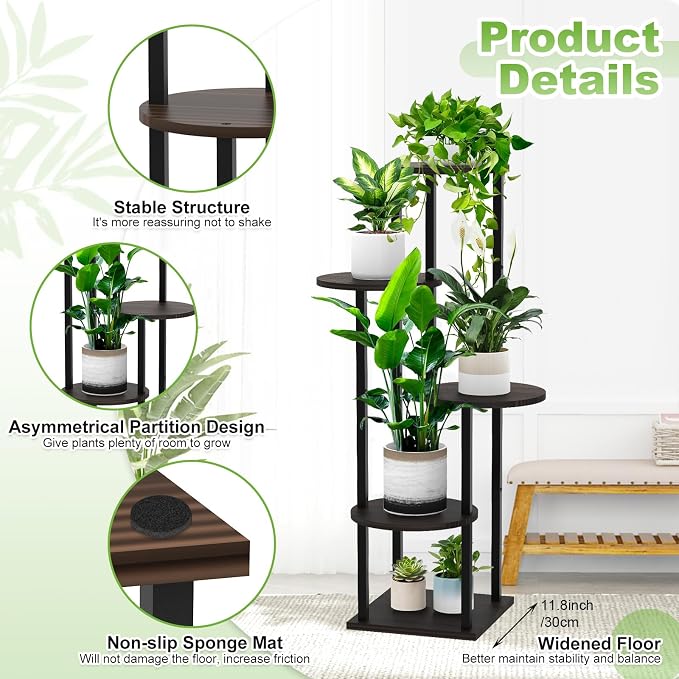 5 Tier Wood Tall Plant Stand Metal Rack Indoor, Round Planter Shelf Display - Image 3