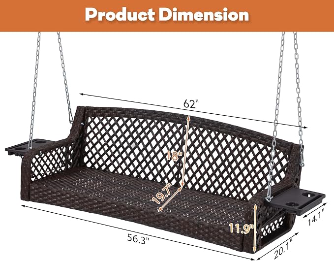 3 Seat Porch Swing, Wicker Patio Swing - Image 7