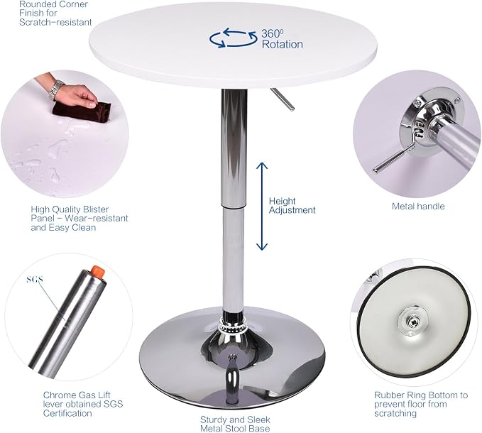 ARTETHYS Bar Table and Chairs Set of 3 White Height Adjustable Round Pub Desk - Image 5