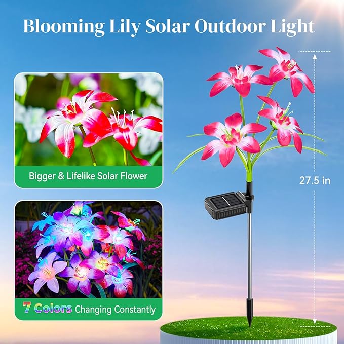 Solar Garden Lights Outdoor, 4 Pack Blooming Lily Solar Flowers Outdoor - Image 6