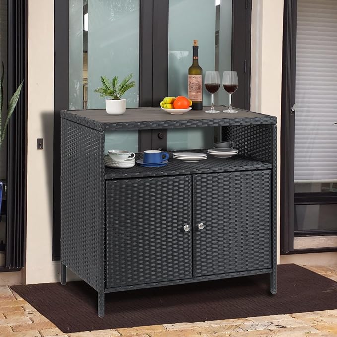 IDEALHOUSE Patio Outdoor Wicker Storage Cabinet，Patio Bar Table by IDEALHOUSE
