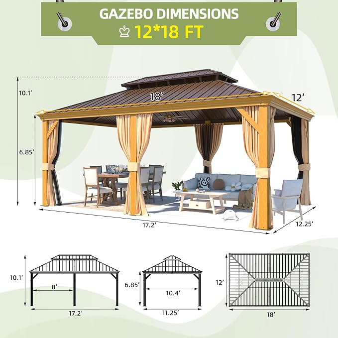 EROMMY 12'x18' Hardtop Gazebo, Galvanized Steel Double Roof - Image 4