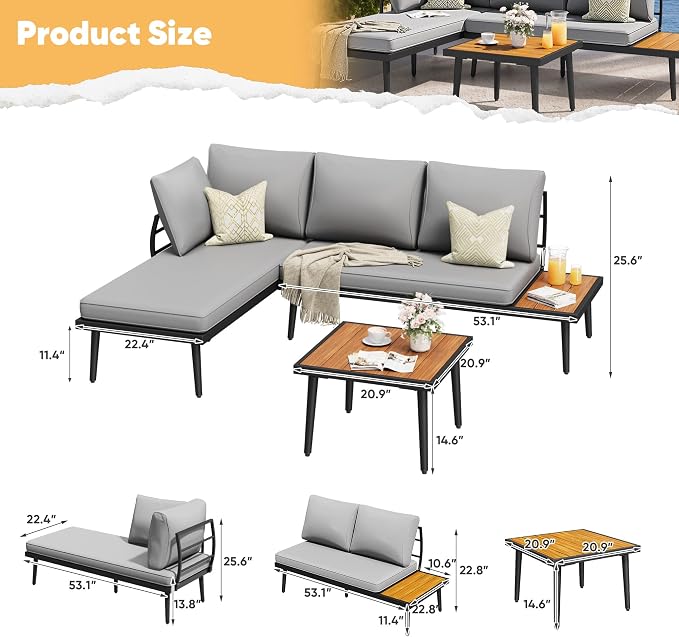 Greesum Outdoor Sectional Sofa Set L-Shaped Metal Patio Furniture - Image 7