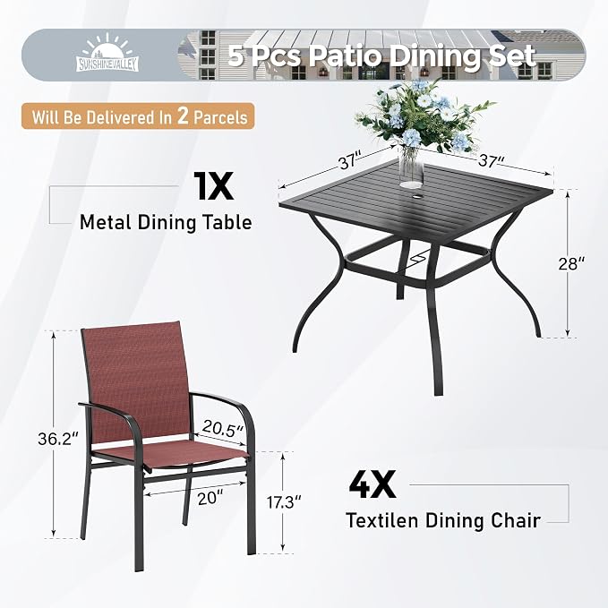 5 Piece Patio Dining Set for 4, 37”x37” Square Table - Image 4