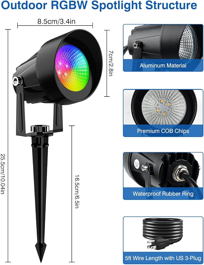 Spot Lights Outdoor, Smart RGBW LED Color Changing Landscape Lighting - Image 4