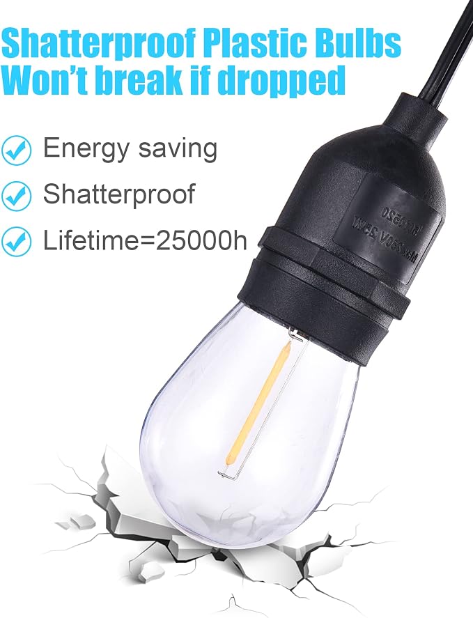 52FT Outdoor LED String Lights Shatterproof UL Listed 2FT Spacing - Image 4
