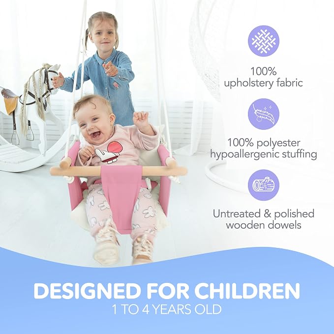 CaTeam - Canvas Baby Swing, Wooden Hanging Swing Seat Chair - Image 2