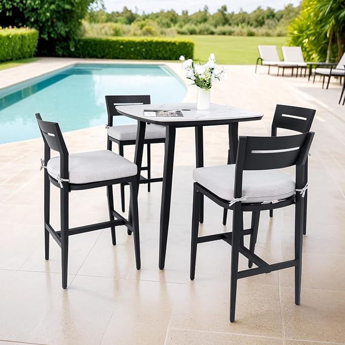 Modern 5PCS Outdoor Patio Bar Set, Rounded Square 35.4'' Sintered Stone Table & by Unknown