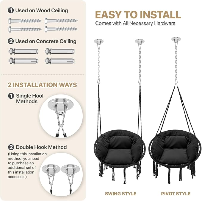 Monibloom Hanging Hammock Chair W/Large Padded Cushion, Macrame Swing Chair - Image 6