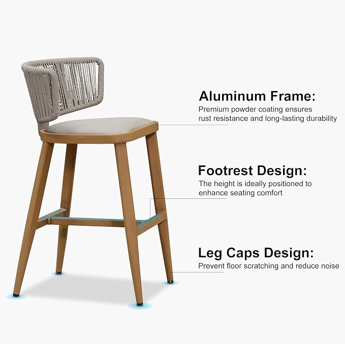 PURPLE LEAF Outdoor Bar Height Stool Set of 2 Modern Rattan Bar Chairs - Image 8