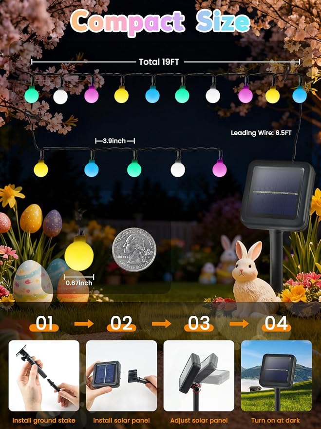 LORRYTE 2-Pack 80 LED Solar Easter Lights Outdoor - 39FT Crystal Globe - Image 2