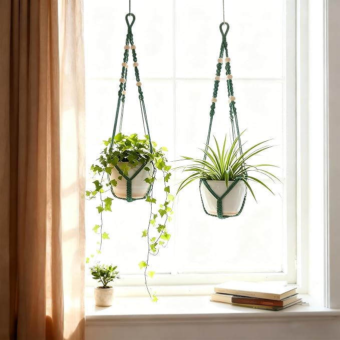 Macrame Plant Hanger, Wood Beads Cotton Hanging Planter Holder - Image 3