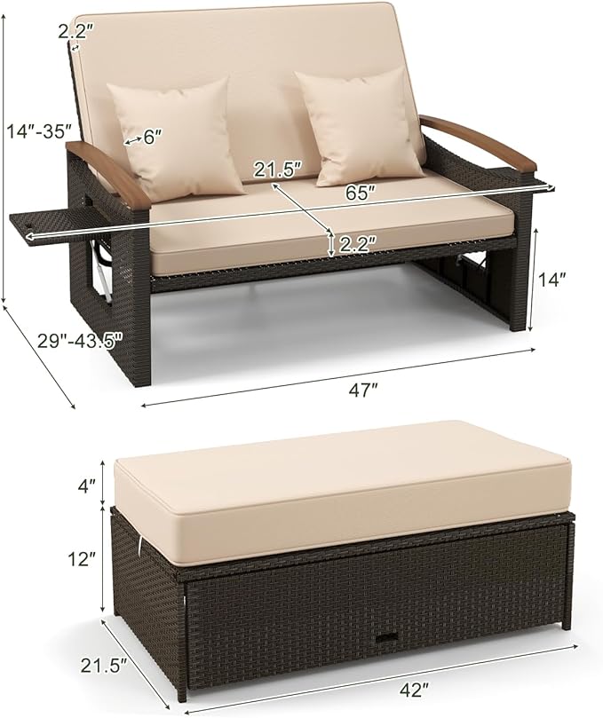 COSTWAY Patio Rattan Daybed, Outdoor Loveseat Sofa - Image 2