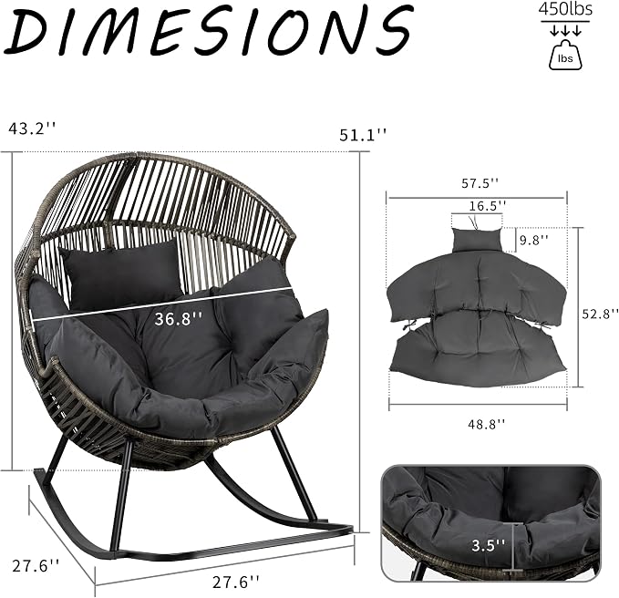 Shintenchi Wicker Egg Chair, Oversized Outdoor Indoor Rocking Chair, Large PE - Image 2