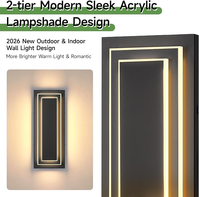 2-Tier Outdoor Front Porch Light Fixtures, Modern Black Outdoor Wall Sconce - Image 2