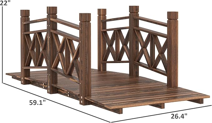 5FT Wooden Garden Bridge with Handrails, Decorative Landscape Footbridge - Image 7