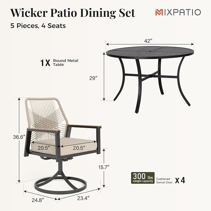 5 Pieces Outdoor Patio Dining Set, Wicker Patio Table and Chairs Set of 4 - Image 6