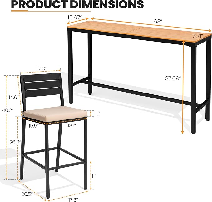 Crestlive Products Outdoor Bar Table and Chairs Set, 3 Piece Outside Patio Bar - Image 2