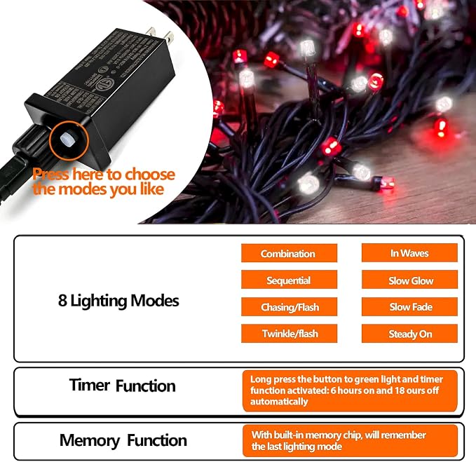 75.8 FT 200 LED Red and White Christmas Lights Outdoor Indoor, Timer & Memory - Image 8