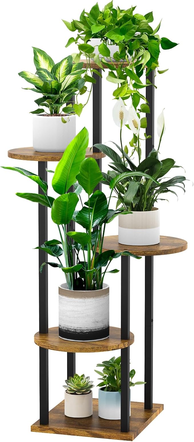 5 Tier Wood Tall Plant Stand Metal Rack Indoor, Round Planter Shelf Display by YOCOMEY