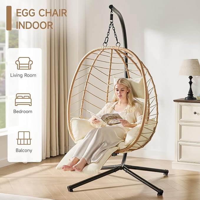 ONBRILL Hanging Egg Chair with Adjustable Footrest & Stand, Wicker Rattan Swing - Image 6