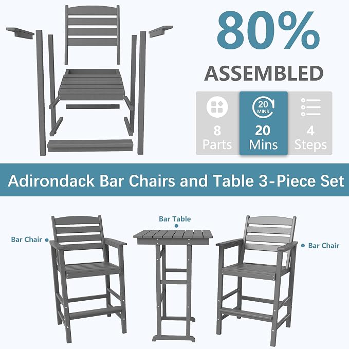 3-Piece Adirondack Bar Table and Chair Set, HDPE All-Weather Bar Height Chairs - Image 2