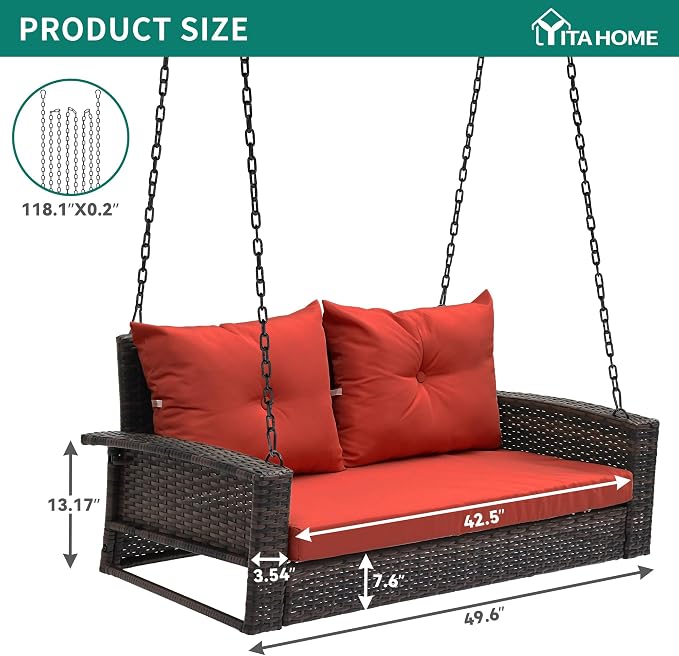 YITAHOME Wicker Hanging Porch Swing Chair Outdoor Brown Rattan Patio Swing - Image 7