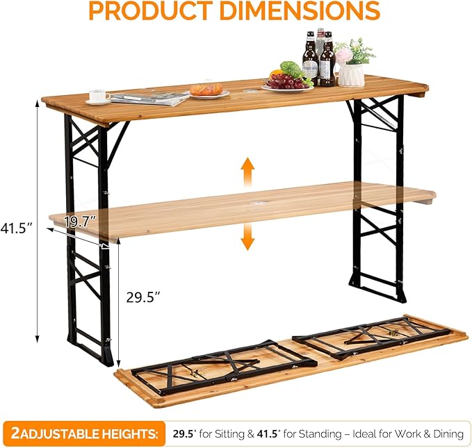 VINGLI 67 Inch Wooden Folding Picnic Table, Picnic Beer Table - Image 3