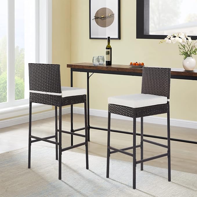 PayLessHere Outdoor Bar Stools Rattan Bar Chairs Set of 2 Wicker Bar stools by PayLessHere
