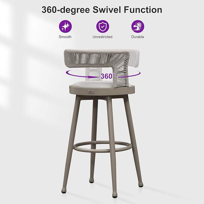 PURPLE LEAF Outdoor Swivel Bar Height Stools Set of 2 Metal Modern Wicker Bar - Image 4