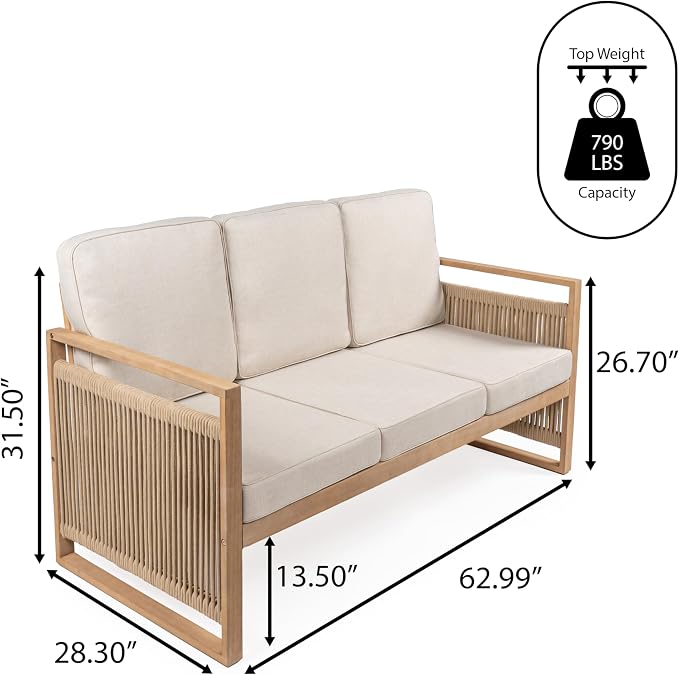 JONATHAN Y SFB1002A Gable 3-Seat Mid-Century Modern Roped Acacia Wood Outdoor - Image 3