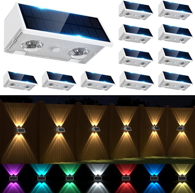 Solar Fence Lights Outdoor, 12 Pack Warm & Cool White RGB LED IP68 Waterproof by SIAFAVOI