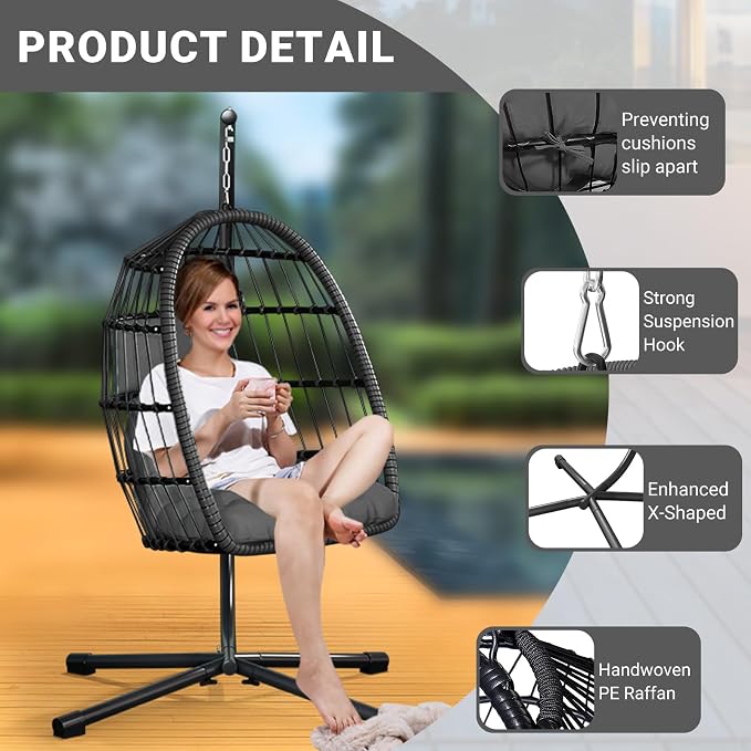 CHABATREE Egg Chair with Stand, Patio Rattan Wicker Hanging Swing Egg Chair - Image 5