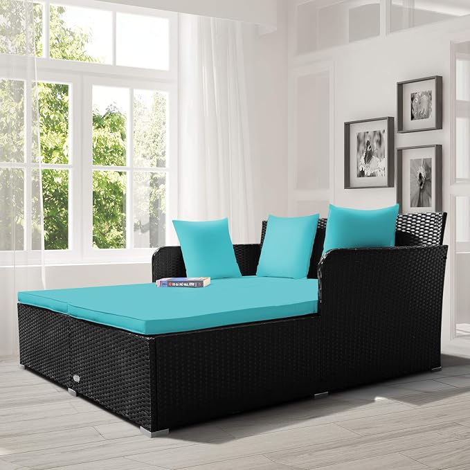 COSTWAY Outdoor Patio Rattan Daybed, Sponge Cushioned Loveseat Sofa - Image 4