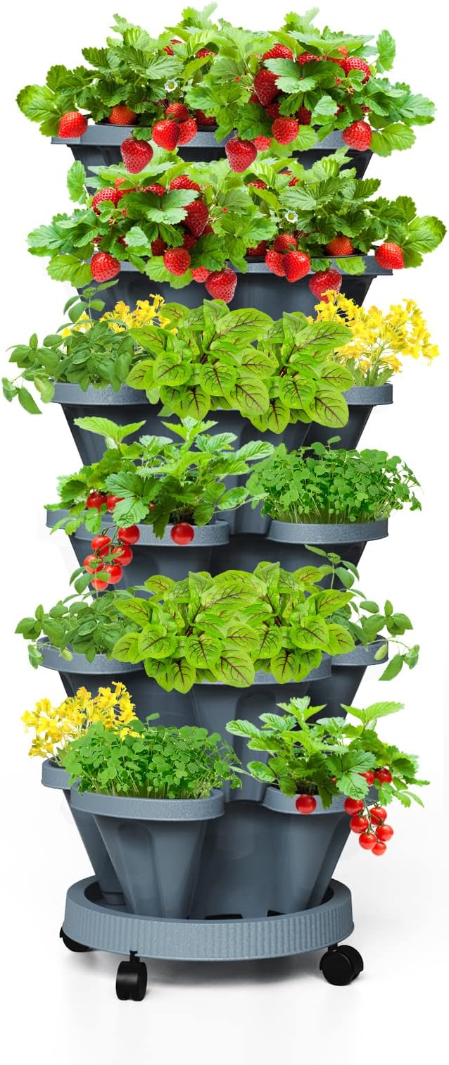 Strawberry Stackable Planters, Vertical Tower Garden, 6 Tiered Stacking Herb by Tectsia