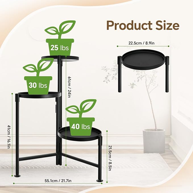 3 Tier Plant Stand Indoor, Metal Plant Shelf Outdoor, Foldable Corner Tall - Image 3