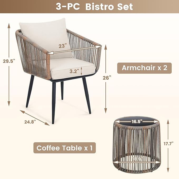 Kromax 3 Pieces Patio Rattan Bistro Conversation Set, Outdoor All-Weather - Image 5