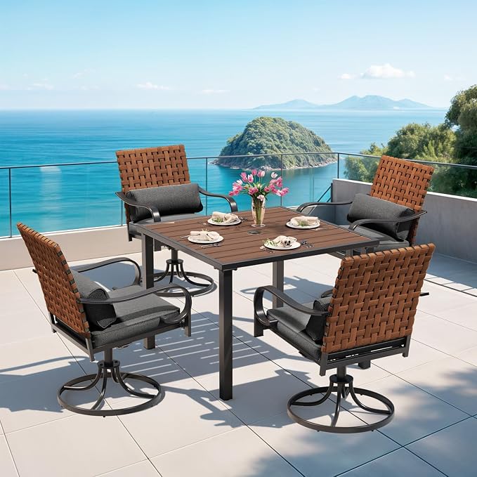 MELLCOM 5-Piece Outdoor Dining Set, 4 Swivel Leather-Look Chairs by MELLCOM