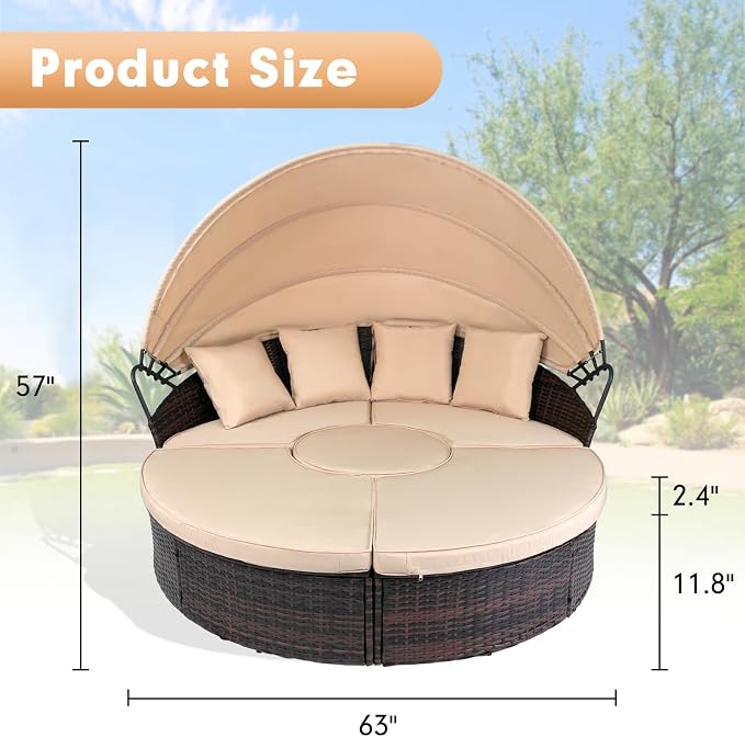 Outdoor Patio Daybed with Retractable Canopy, Wicker Rattan Sectional Round - Image 7