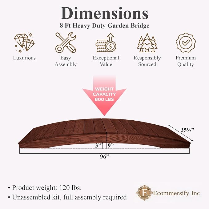 8 FT MAHOGANY Amish Made Pinewood Heavy Duty Garden Bridge - Image 2