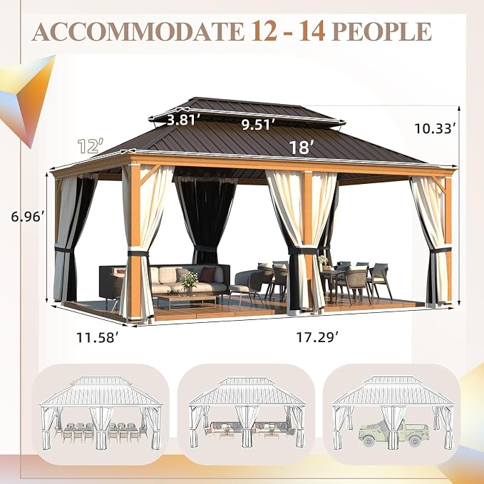 YOLENY 12' x 18' Hardtop Gazebo, Wood Grain Aluminum Frame Outdoor Gazebo - Image 2