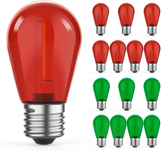 15 Pack S14 Colored LED String Light Bulbs, 1W Plastic Shatterproof Replacement by GvvooHome